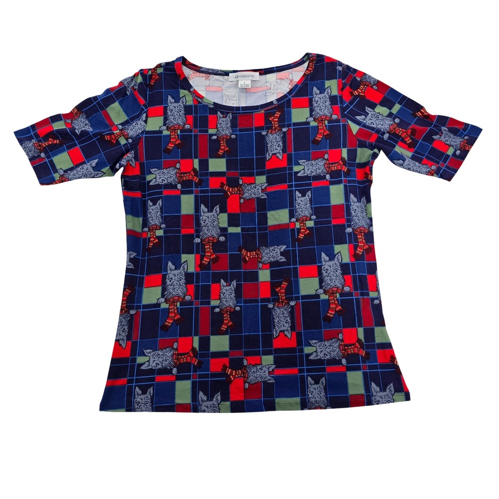 Liz Claiborne Womens L Scottie Dog Plaid Christmas Holiday Short Sleeve Top Blue